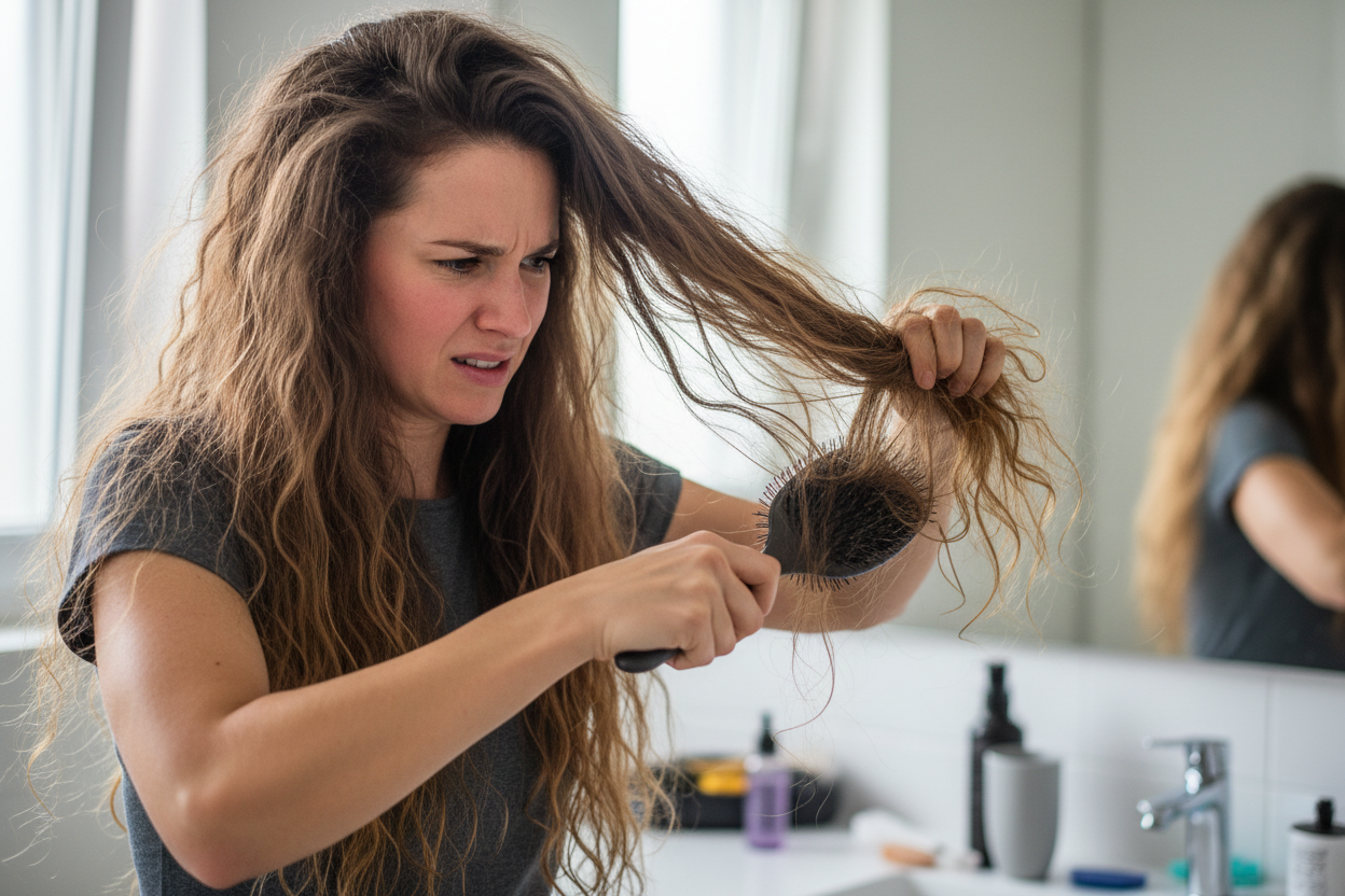 a beautiful woman brushing uncomfortably and frustrating her long, tangled, frizzy hair