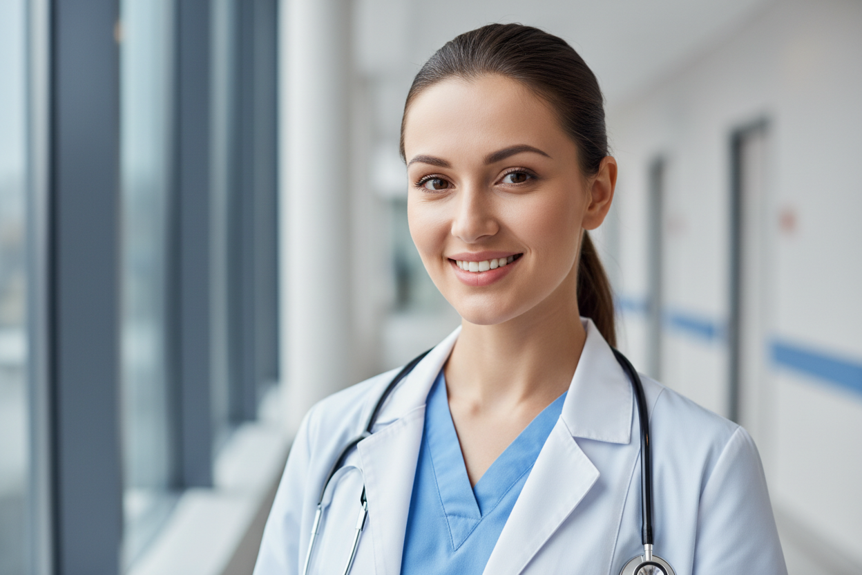 A CLOSE UP OF A BEAUTIFUL WOMAN WORKING AS A HEALTHCARE PROFESSIONAL