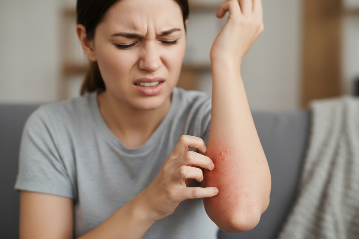 make her itch on the inside of her arm. make the arm more red